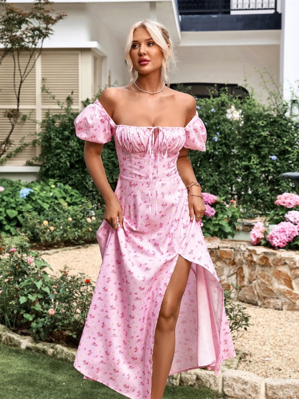 PARTHEA PUFF SLEEVE HIGH SPLIT PINK FLORAL PRINT MAXI DRESS XS NWT
